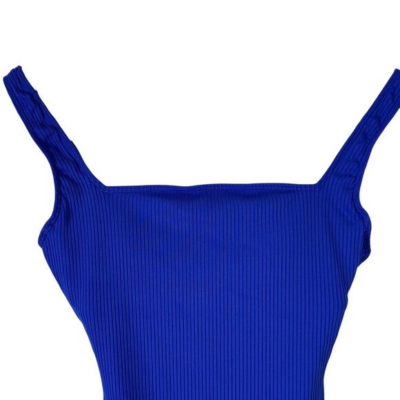 Bleu Rob Beattie Blue Ribbed Walk The Line Square Neck One-Piece Swimsuit Sz 4 - Picture 3 of 10